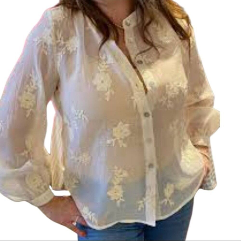 Ultra Pink Victorian White Floral Embroidered Slightly Sheer Women's Blouse Sz S